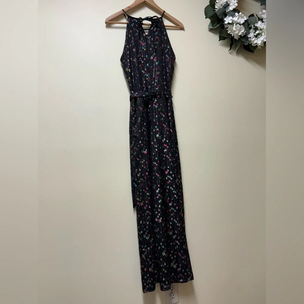 Eva Franco Anthropologie Edita halter black jumpsuit multi-color metallic dot- 2